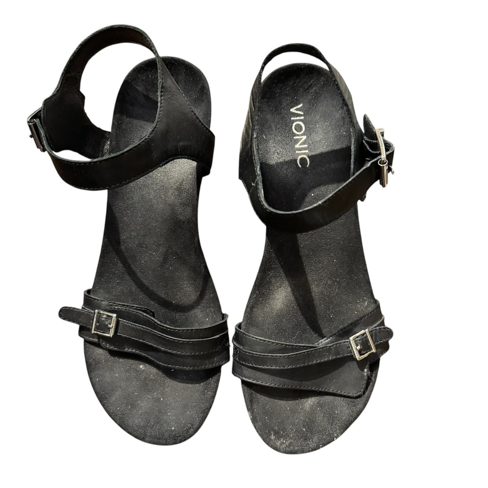 Vionic Laurie Black Leather Slingback Wedge Sandals Womens 9 382LAURIE Comfort